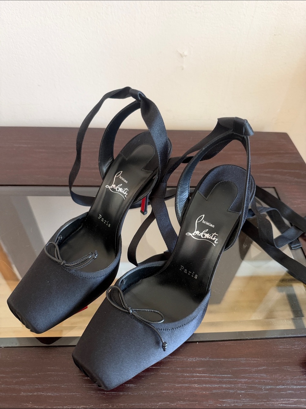 Christian Louboutin Black Satin Square Toe Ankle Tie Heels